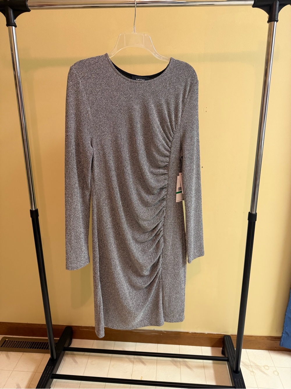 Karen Kane Silver Long-Sleeve Ruched Cocktail Dress